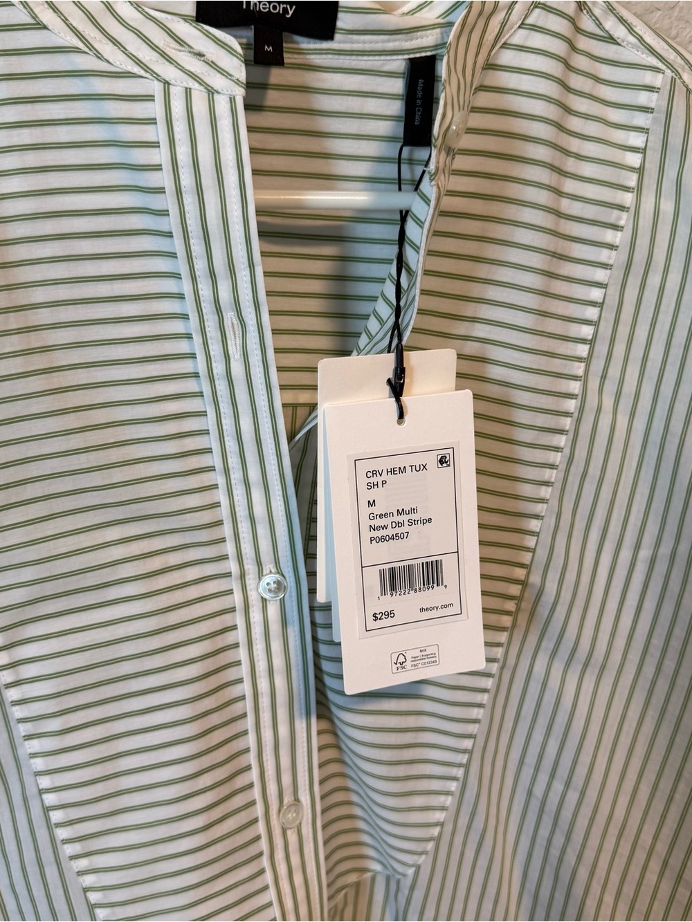 Theory Tuxedo Shirt in Green and White Striped Cotton Blend Size Medium NWT - Picture 4 of 6